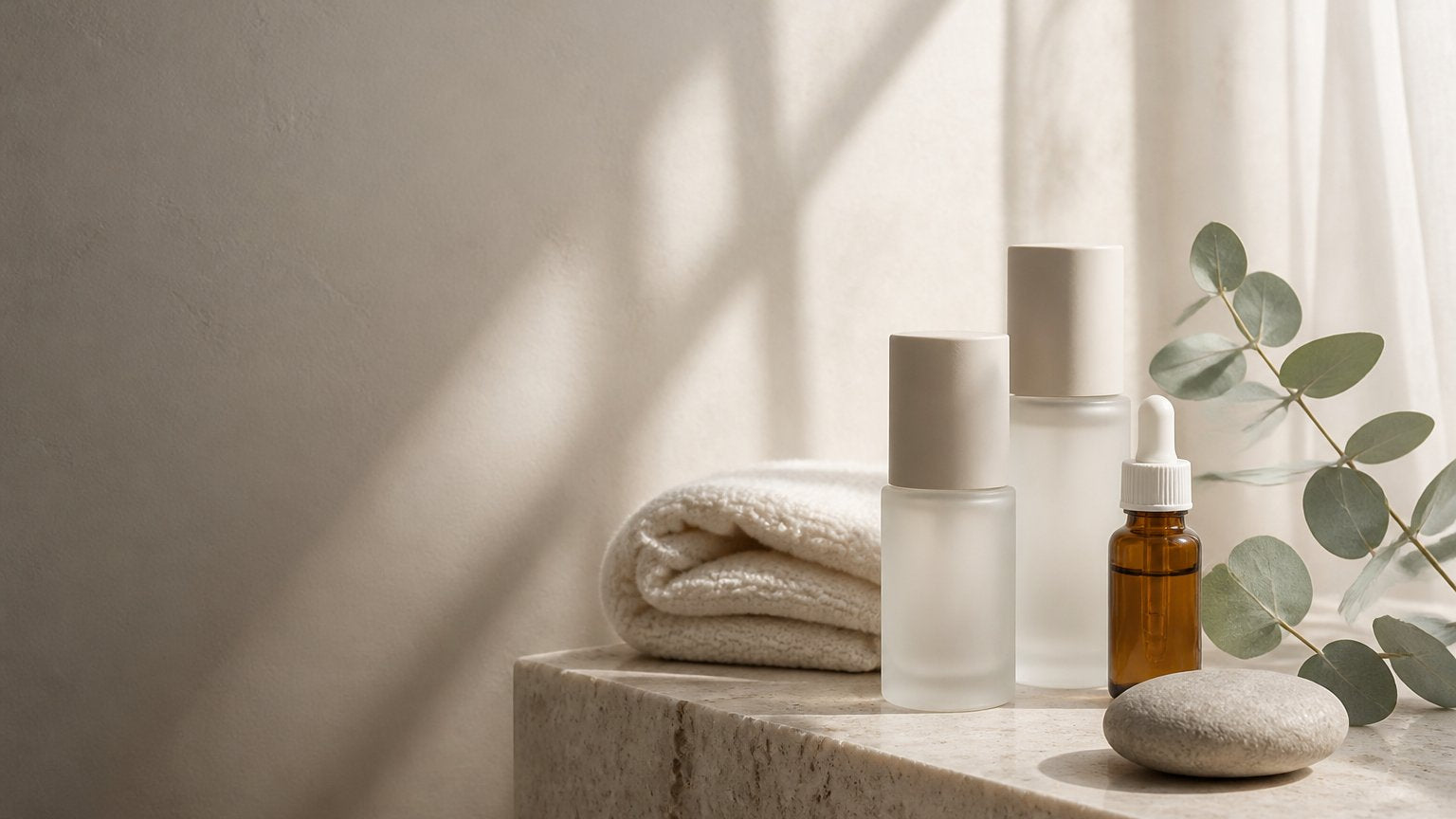Skincare bottles, a folded towel and eucalyptus on a pale stone ledge