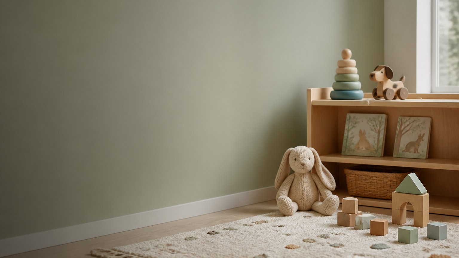 Calm play corner with wooden stacking toys, a knitted bunny and pastel blocks